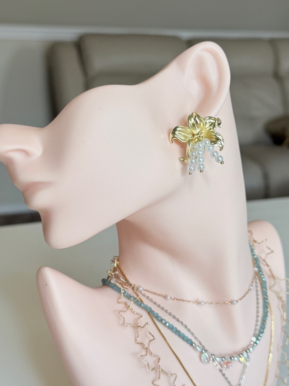 Gold Floral Pearl Drop Earrings